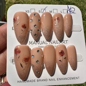 Tan Press-On Nails with Glitter and Floral Design